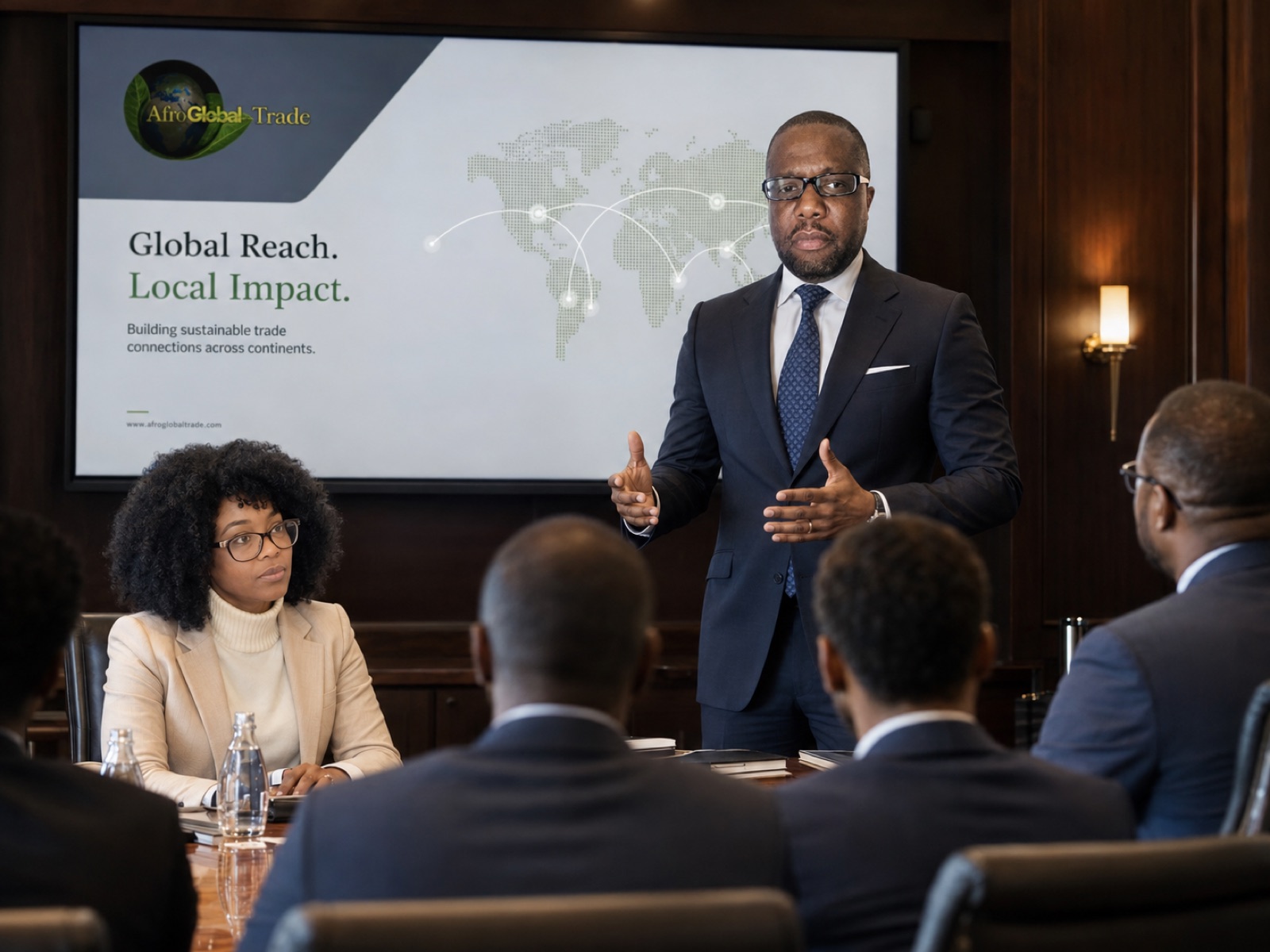 Afroglobal Trade leadership presenting global market strategy in the boardroom