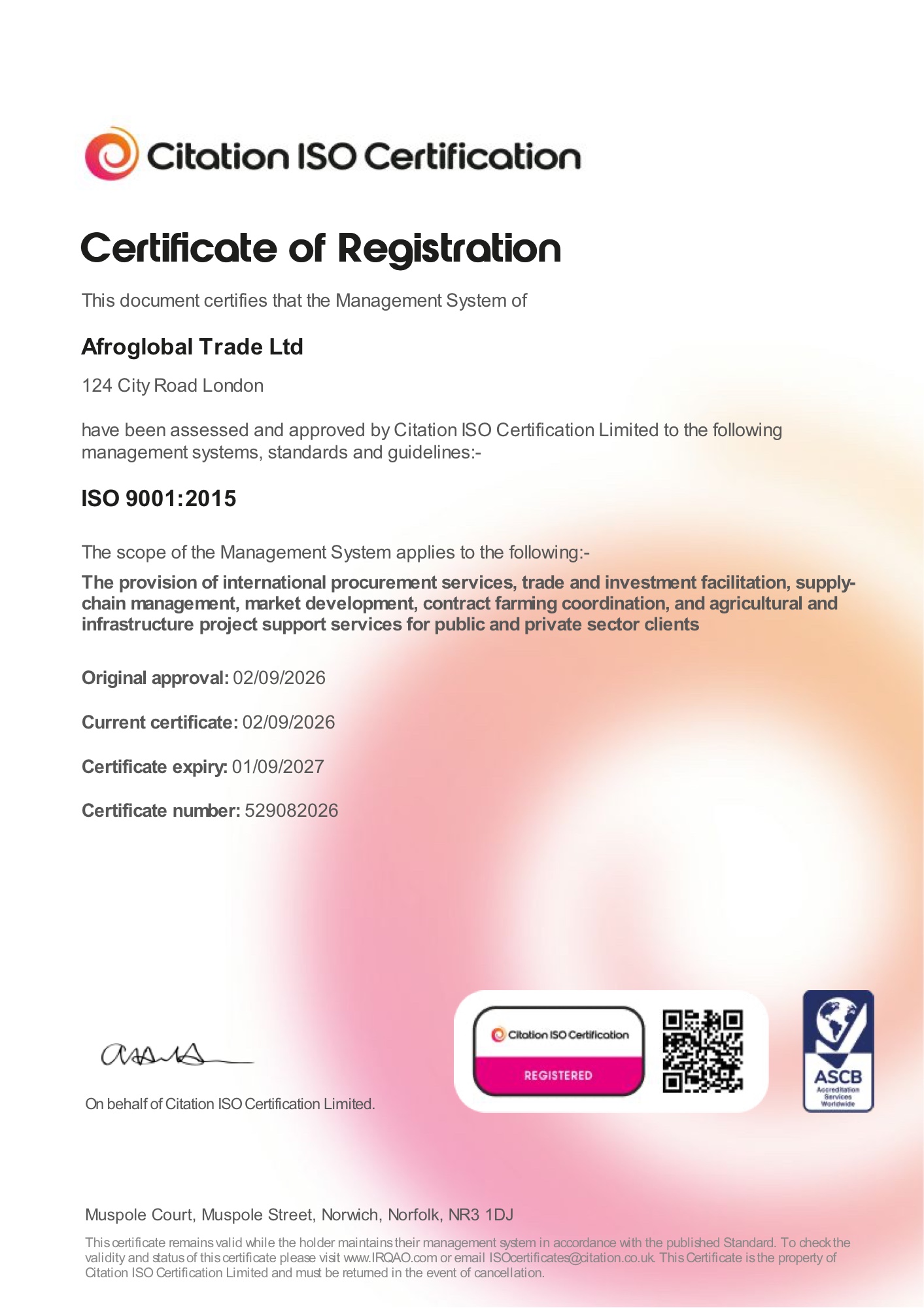 Afroglobal Trade Ltd ISO 9001:2015 Certificate of Registration issued by Citation ISO Certification, certificate number 529082026