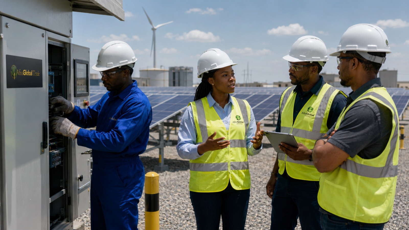 Afroglobal Trade engineers inspecting a solar farm installation