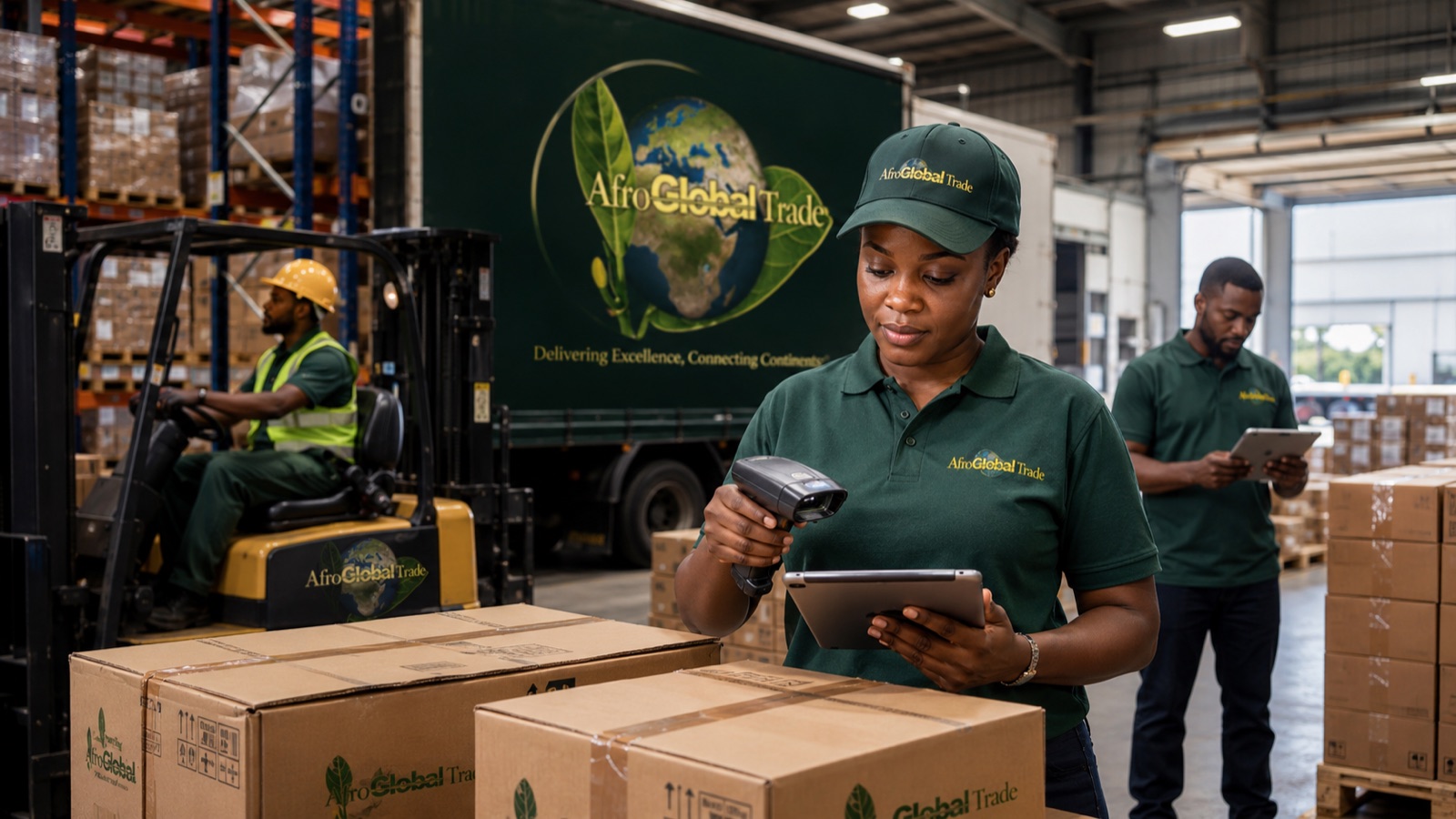 Afroglobal Trade warehouse team scanning and dispatching branded export consignments